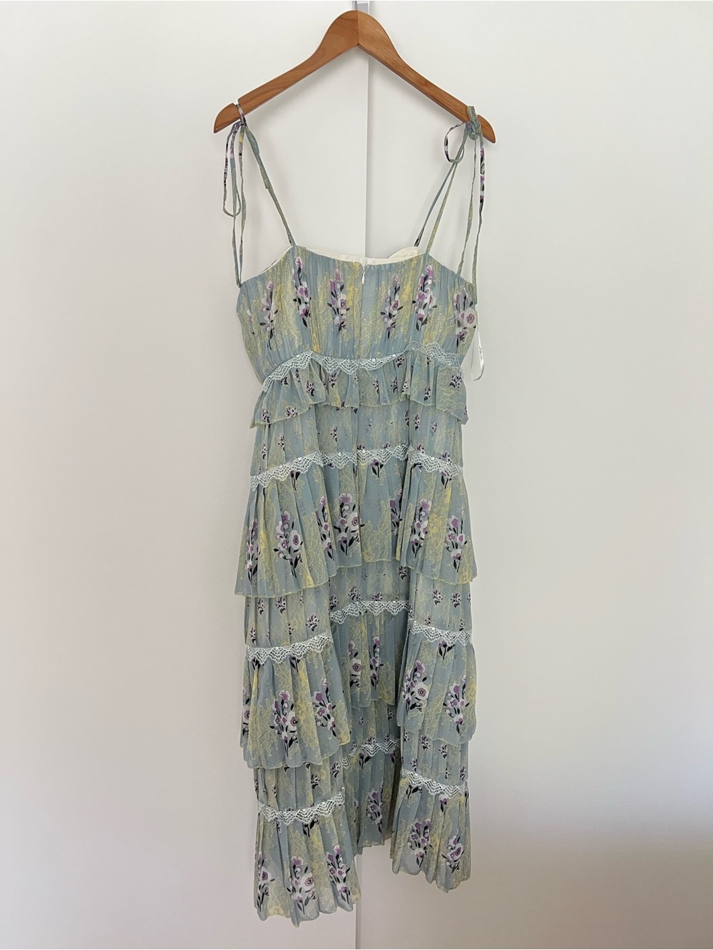 Self Portrait Tiered Midi Dress Floral Lace Printed Chiffon Mint Pastel 8 $495 - Picture 9 of 13